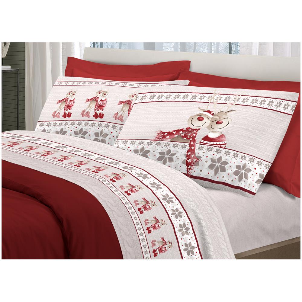 Completo Lenzuola In Flanella Pensieri Delicati 100% Cotone Dis. Renna Rosso Piazza E Mezza Rosso - Foto 1