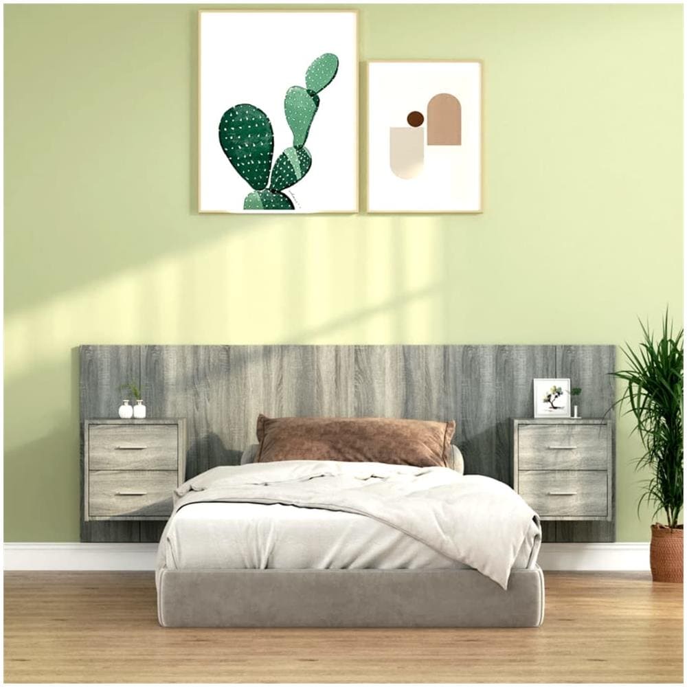 Testiera Letto Con Comodini In Legno Multistrato Grigio Sonoma - Foto 1