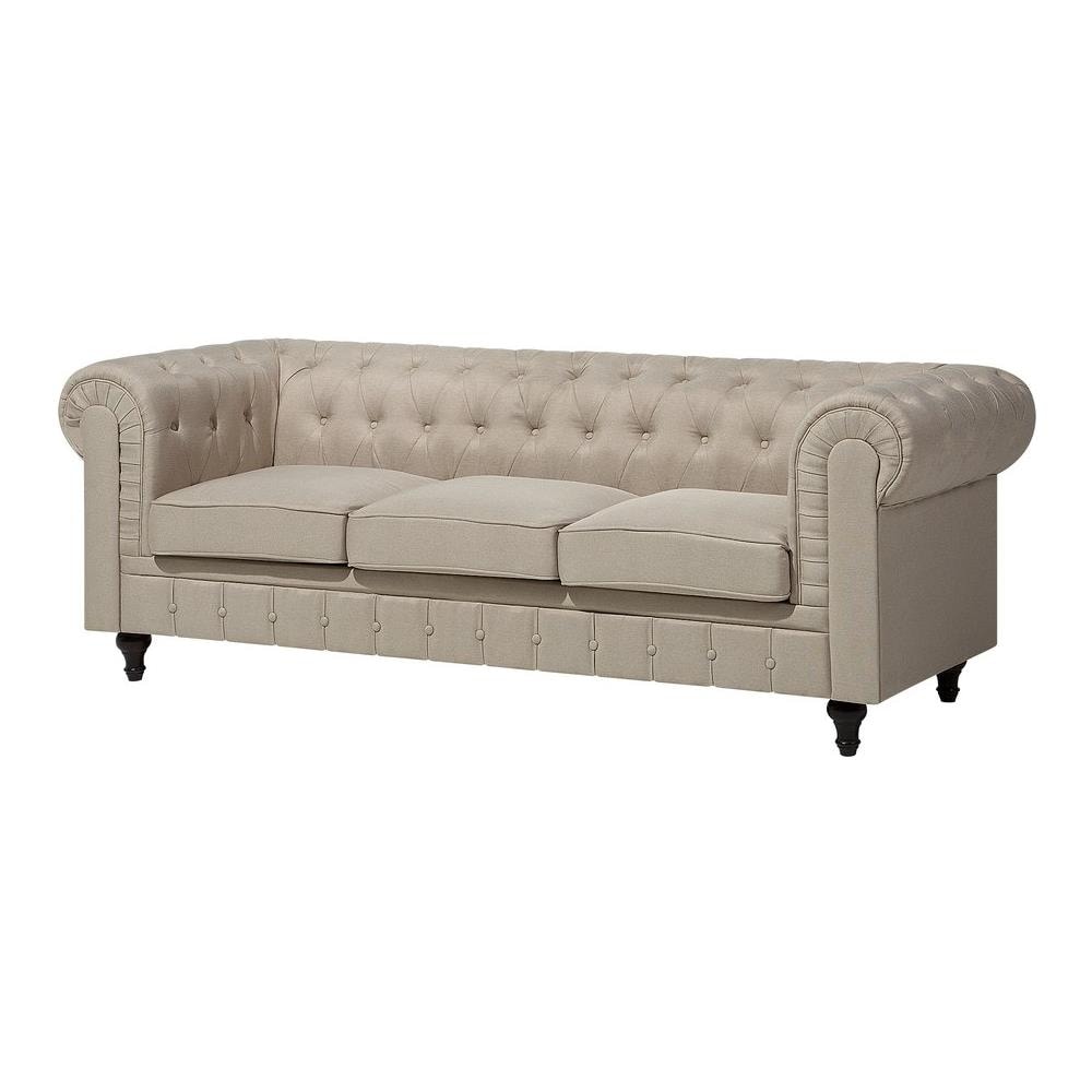 Divano Vintage A 3 Posti In Tessuto Beige Chesterfield Grande - Foto 2