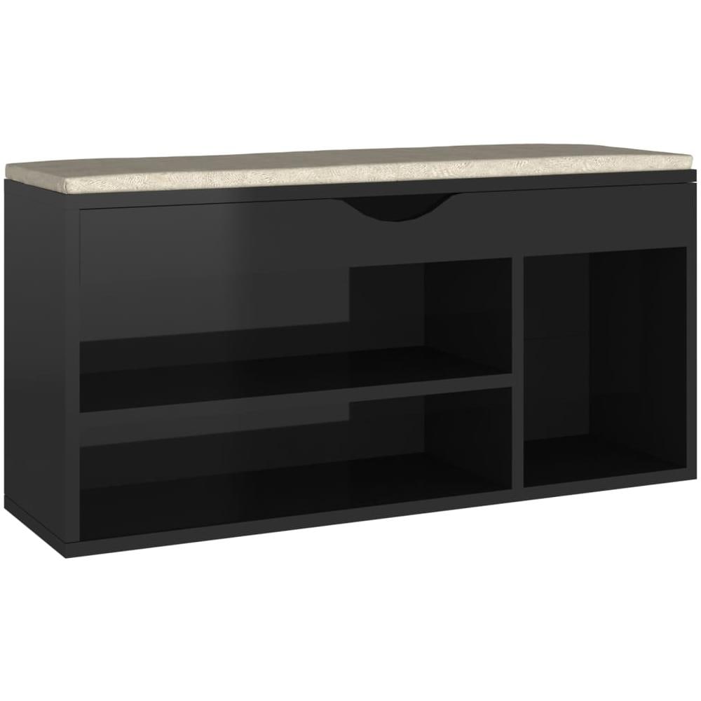 Panca Porta Scarpe Cuscino Nero Lucido 104x30x49cm Multistrato - Foto 1