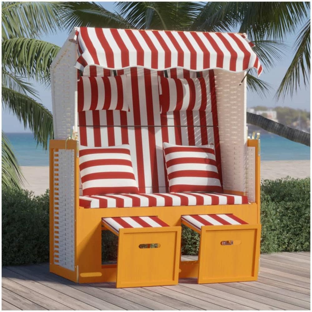 Strandkorb con Cuscini Polyrattan e Legno Massello Rosso Bianco - Foto 1
