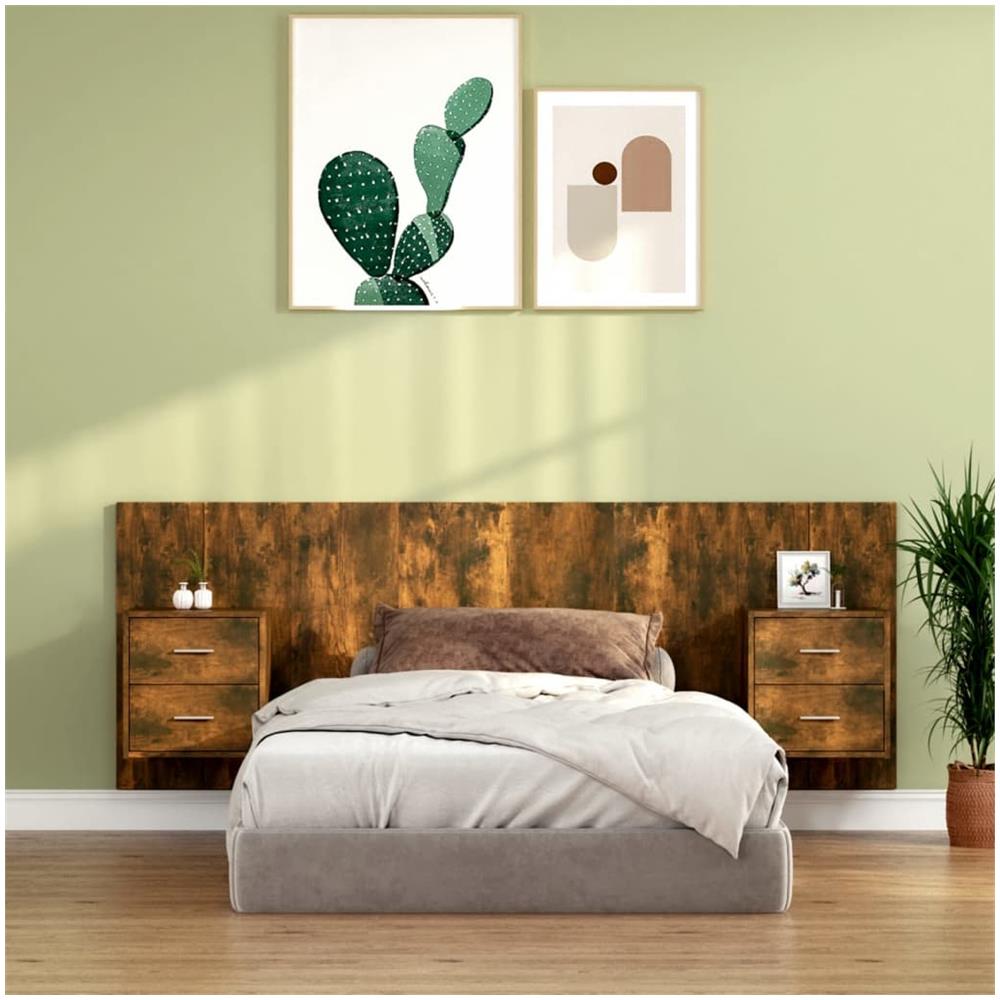 Testiera Letto Con Comodini In Legno Multistrato Rovere Fumo - Foto 1