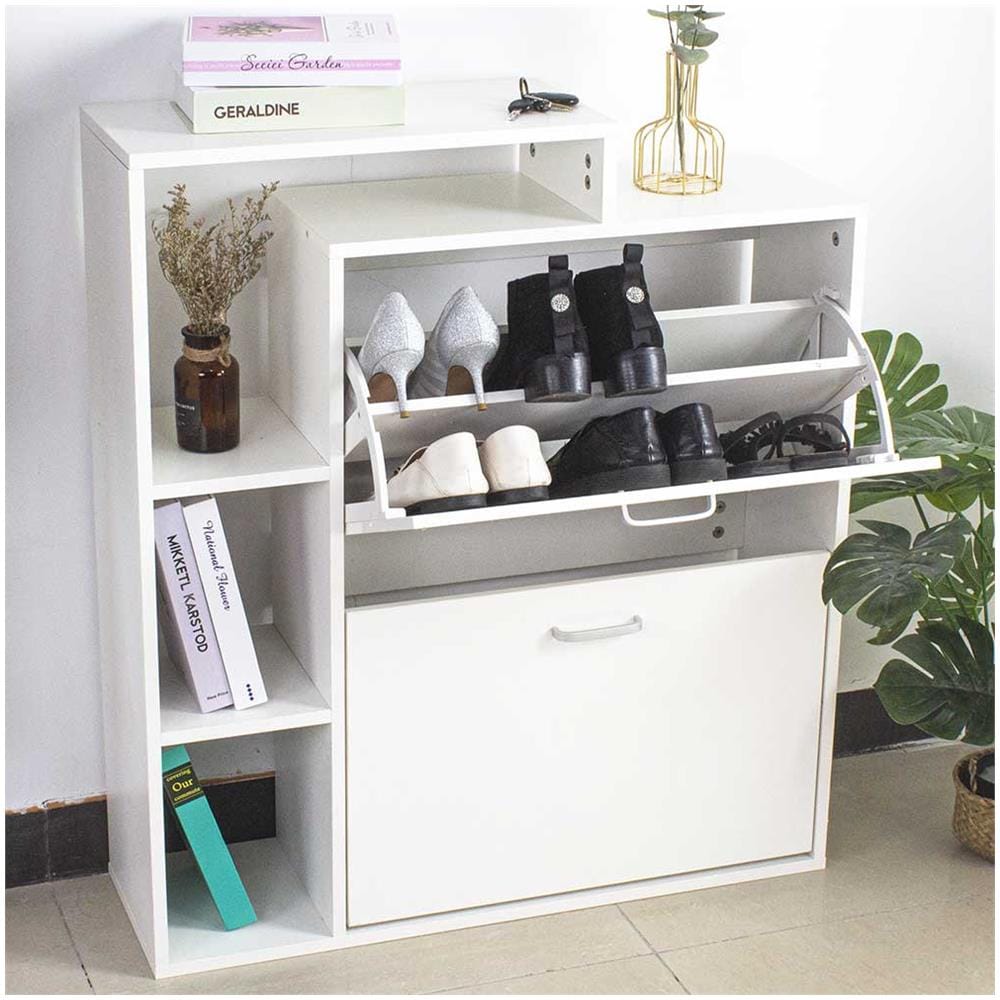 Scarpiera 2 Ante Doppia Profondita + Scaffale Libreria 4 Ripiani Bianco 80x24x90 - Foto 5
