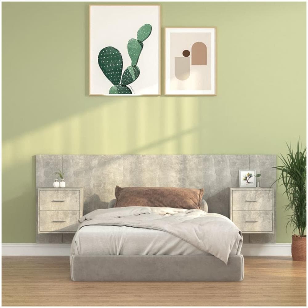 Testiera Letto Con Comodini In Legno Multistrato Grigio Cemento - Foto 1