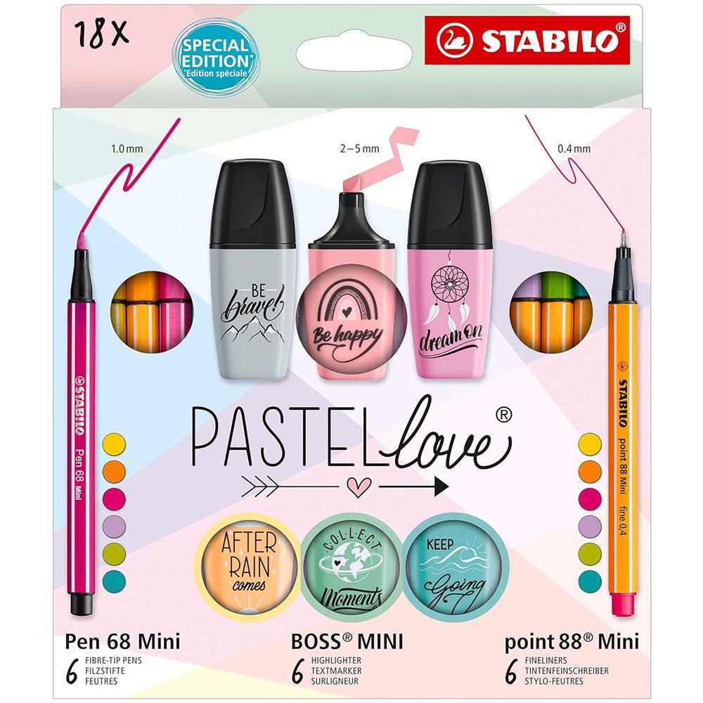 Pastellove Set - Set Creativo - Pack da 18 - 6 fineliner point 88, 6 pennarelli premium Pen 68, 6 evidenziatori Mini - Foto 1