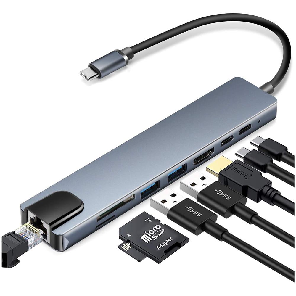 Hub Usb-c A 8 Porte Con Usb, Ubc Pd, Hdmi, Rj45, Scheda Di Memoria Grey - Foto 1