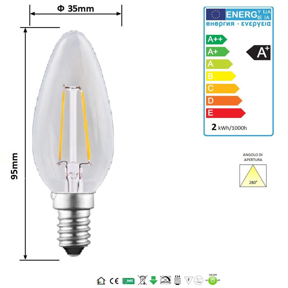 E14 2W, Lampada Candela C35 A Filamento Led, Luce Calda 2700K, 180 Lumen - Foto 2