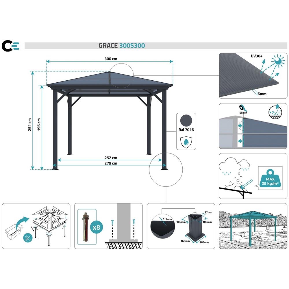 Gazebo Da Giardino In Alluminio Grace 300s300 Grigio Antracite - Foto 8