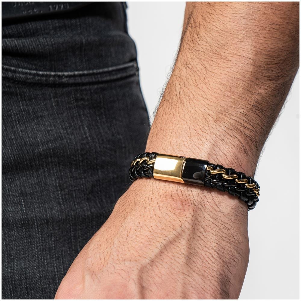 Bracciale in Pelle per Uomo, ""Steel"", 23cm, Oro /Nero - Foto 6