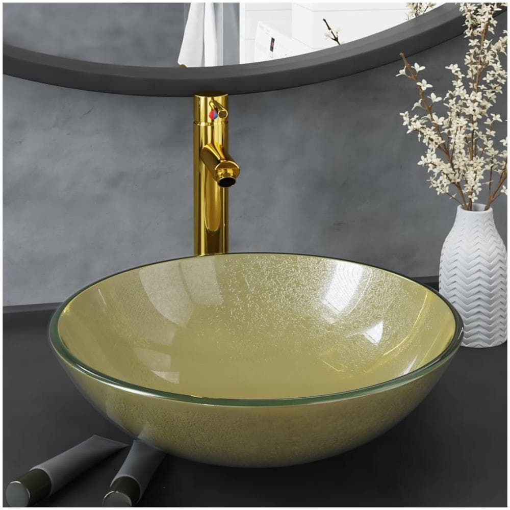 Lavandino Rubinetto e Piletta a Pressione Vetro Temperato Oro - Foto 1