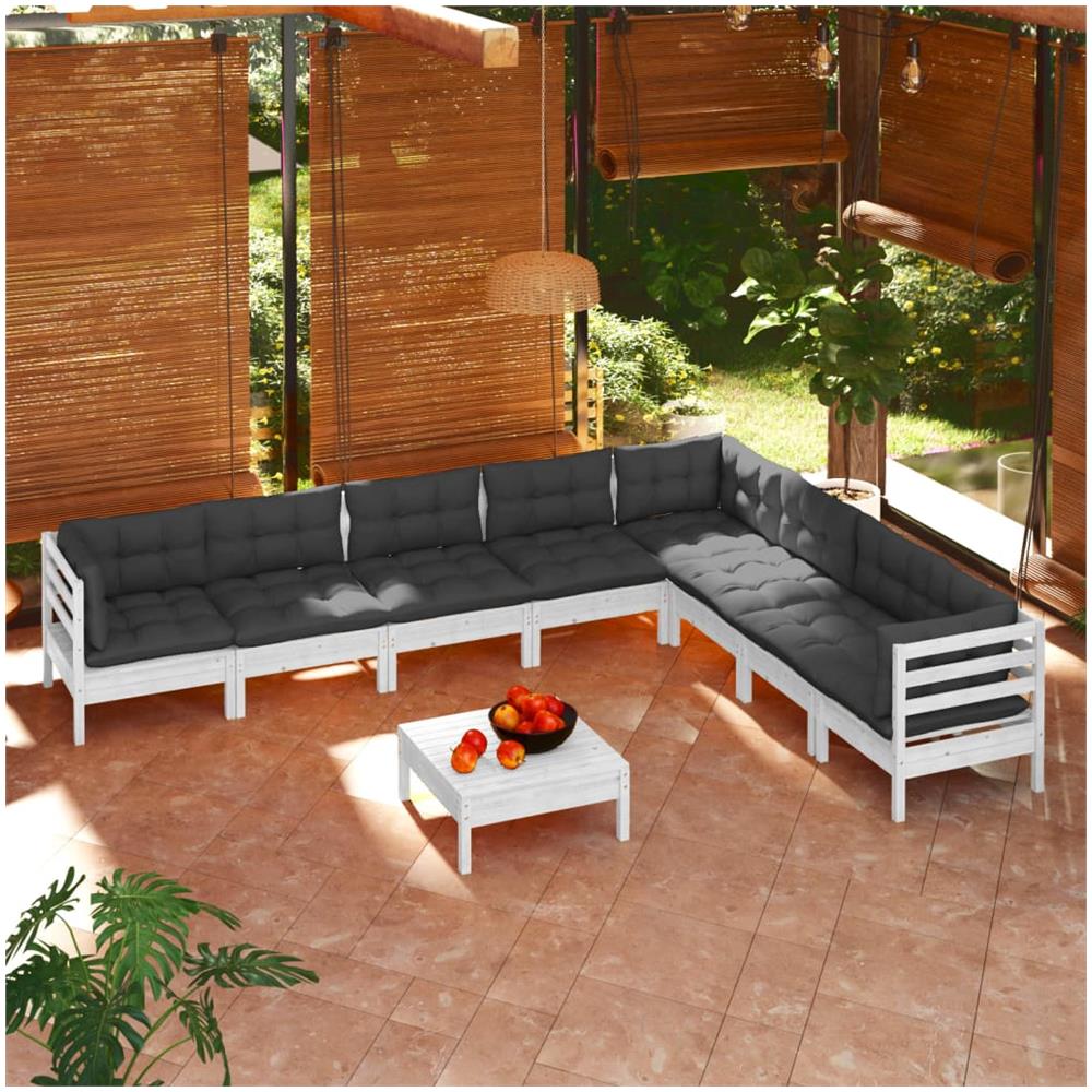 Set Divani Da Giardino 9 Pz Con Cuscini Bianchi Legno Di Pino - Foto 1