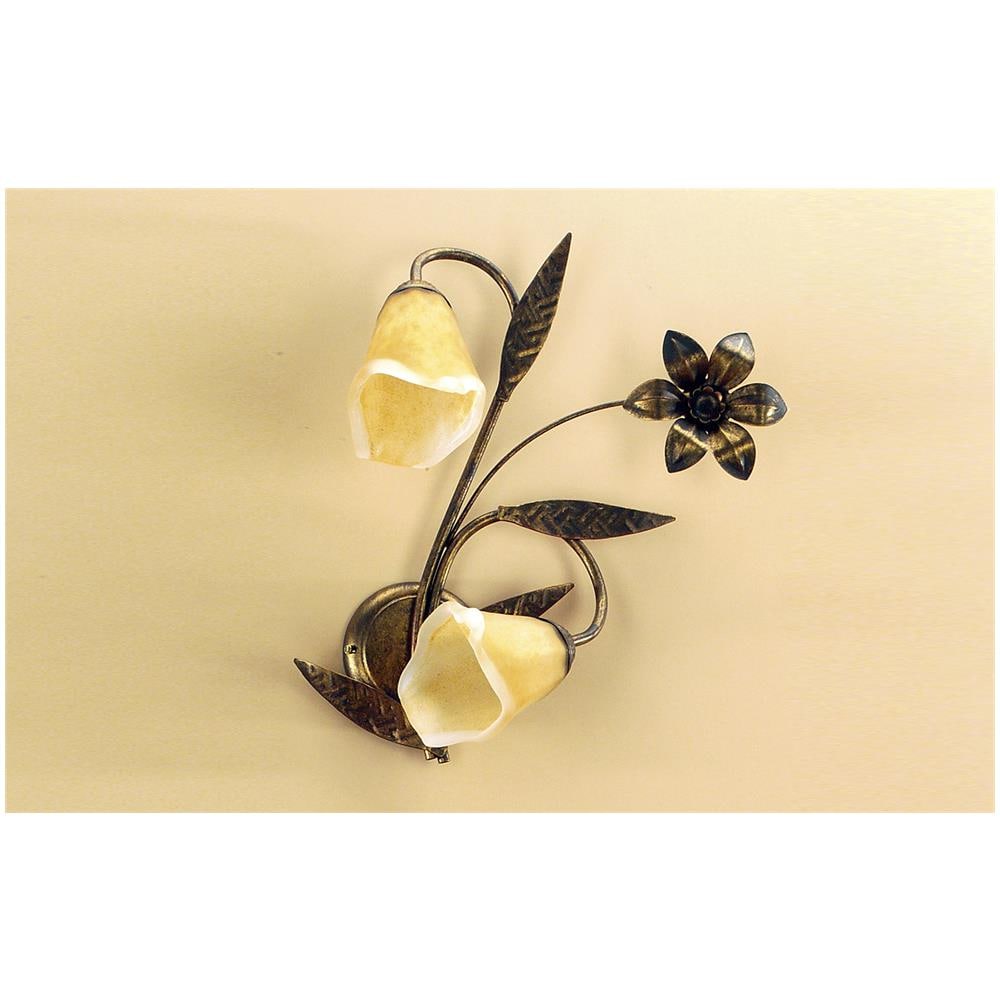 Lampada Da Parete 2 Luci In Metallo Marrone Spennellato Oro E Vetro Ambra Stile Classico - Foto 2