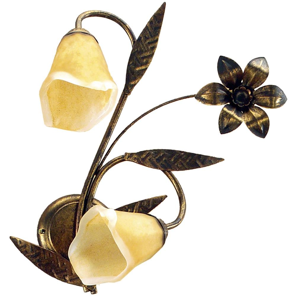 Lampada Da Parete 2 Luci In Metallo Marrone Spennellato Oro E Vetro Ambra Stile Classico - Foto 1