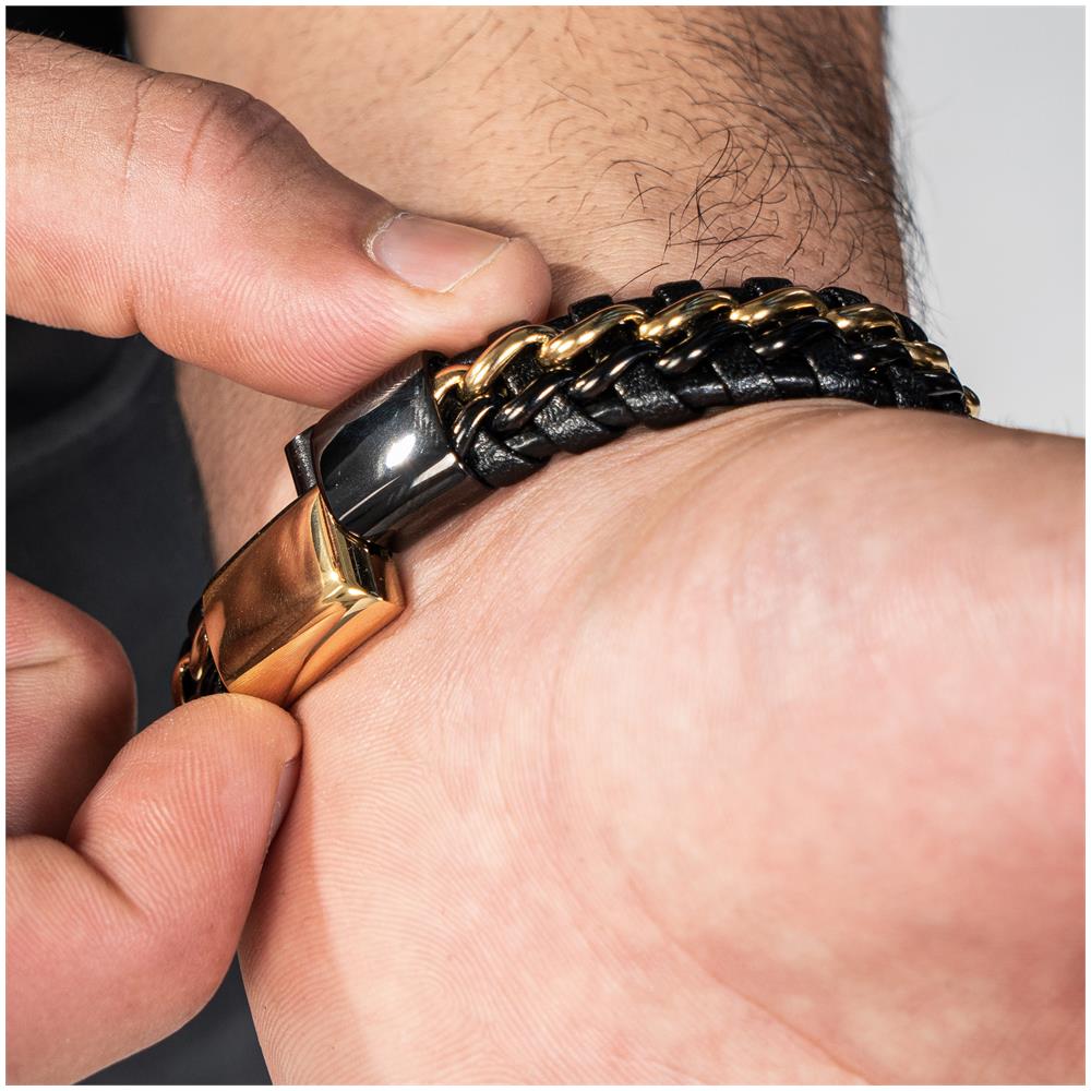 Bracciale in Pelle per Uomo, ""Steel"", 20cm, Oro /Nero - Foto 2
