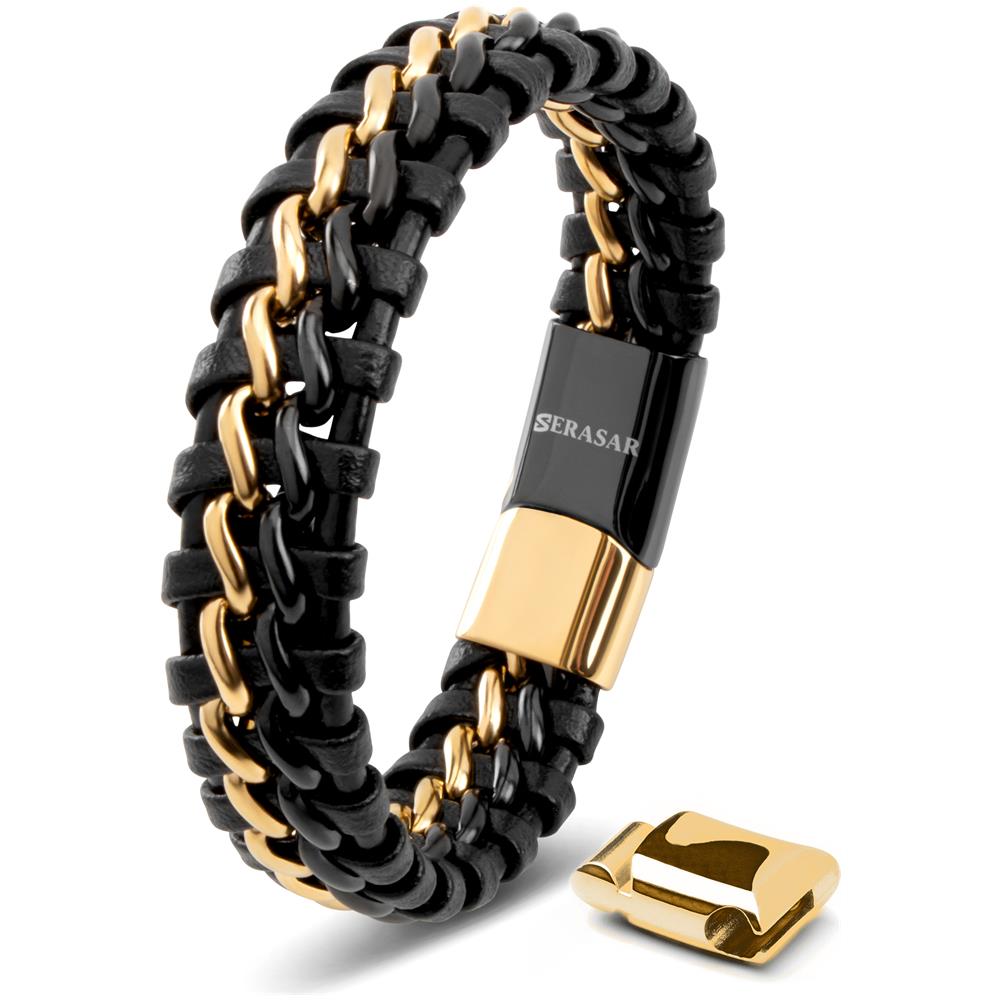 Bracciale in Pelle per Uomo, ""Steel"", 20cm, Oro /Nero - Foto 1