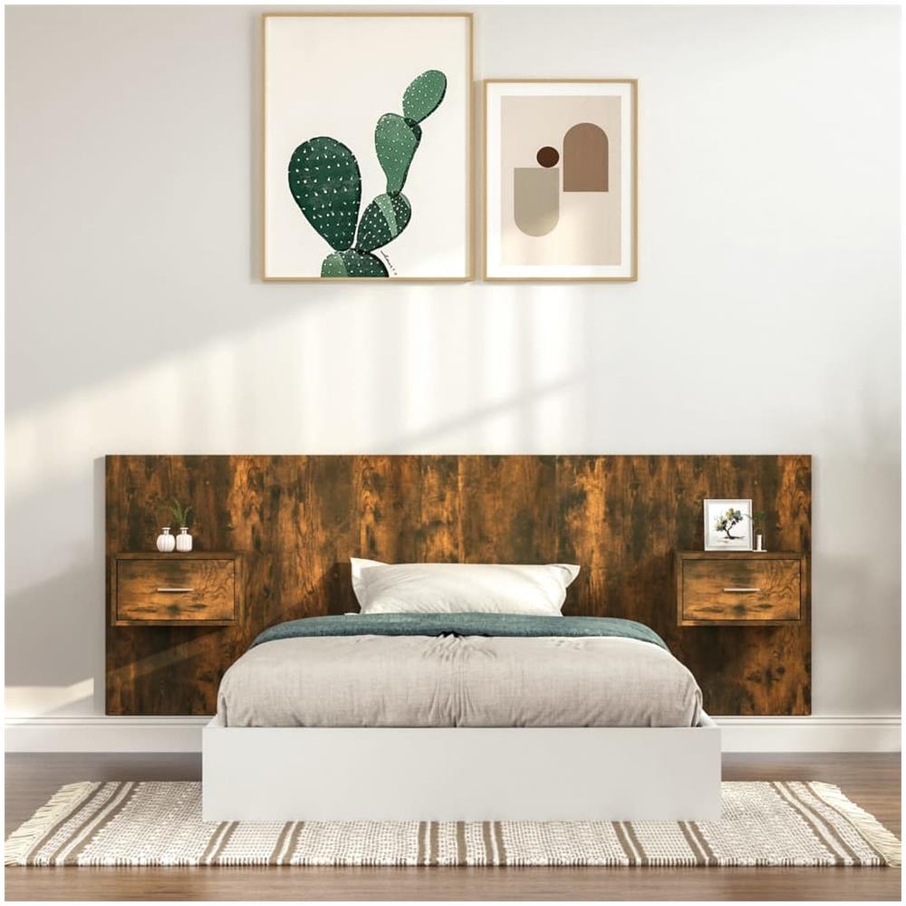 Testiera Letto Con Comodini In Legno Multistrato Rovere Fumo - Foto 1