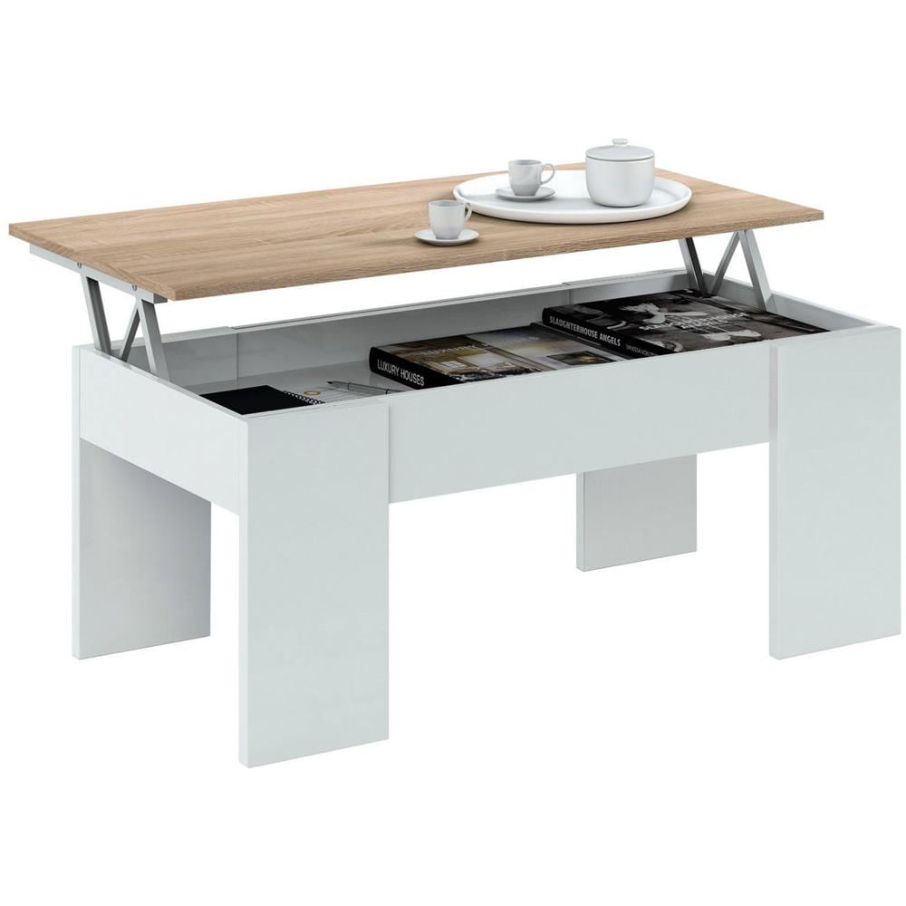 Tavolino Da Salotto Oceanside, Tavolino Da Caffè Con Piano Elevabile, Tavolo Basso Da Soggiorno, 100x50h45/56 Cm, Bianco E Rovere - Foto 4