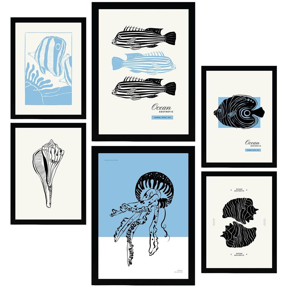 Set Di 6 Stampe Artistiche Di Creature Marine In Inchiostro Nero Di Mare E Oceano Per L'Interior Design A3 E A4 Cornice Nera - Foto 1