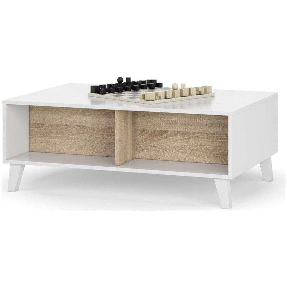 Tavolino Da Salotto Lincoln, Tavolino Da Caffè Con Piano Elevabile, Tavolo Basso Da Soggiorno, 100x68h38 Cm, Bianco Lucido E Rovere - Foto 4