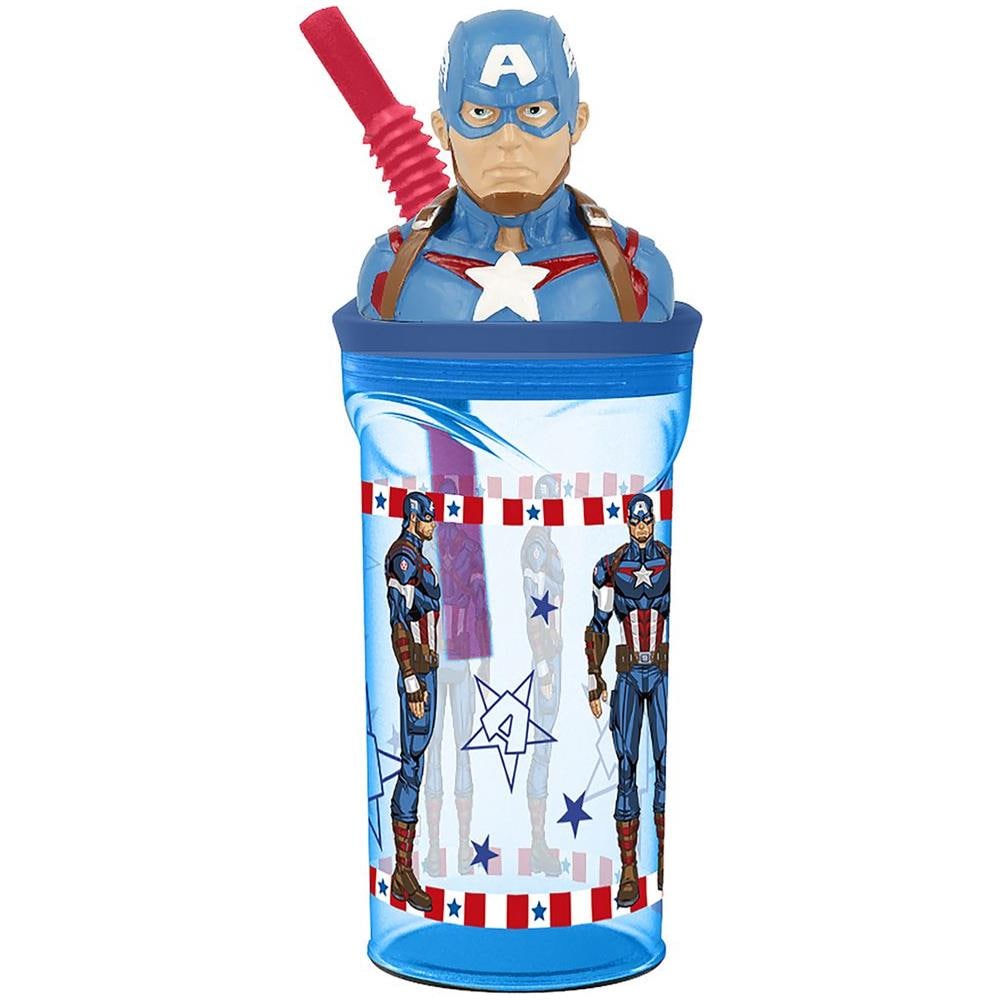 Bicchiere Blu Per Bambini In Plastica Avengers Captain America 360 Ml Con Cannuccia E Figura 3d Del Personaggio - Foto 1