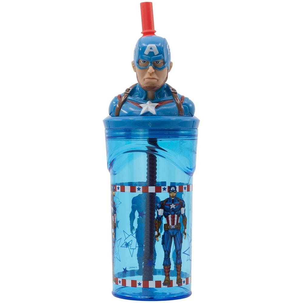 Bicchiere Blu Per Bambini In Plastica Avengers Captain America 360 Ml Con Cannuccia E Figura 3d Del Personaggio - Foto 2