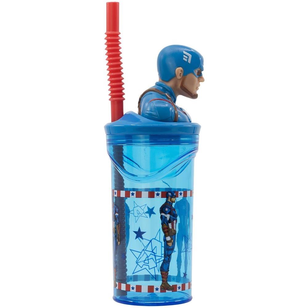 Bicchiere Blu Per Bambini In Plastica Avengers Captain America 360 Ml Con Cannuccia E Figura 3d Del Personaggio - Foto 3