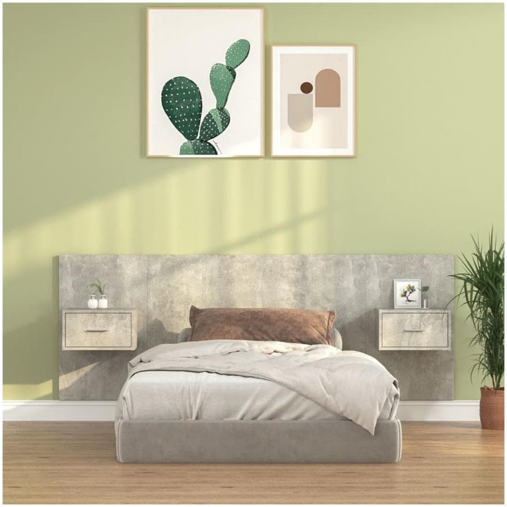Testiera Letto Con Comodini In Legno Multistrato Grigio Cemento - Foto 1