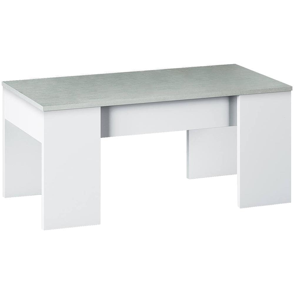 Tavolino Da Salotto Oceanside, Tavolino Da Caffè Con Piano Elevabile, Tavolo Basso Da Soggiorno, 100x50h45/56 Cm, Bianco E Cemento - Foto 2