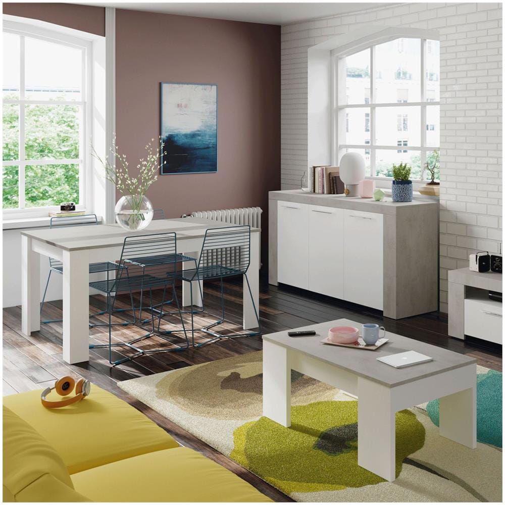 Tavolino Da Salotto Oceanside, Tavolino Da Caffè Con Piano Elevabile, Tavolo Basso Da Soggiorno, 100x50h45/56 Cm, Bianco E Cemento - Foto 4