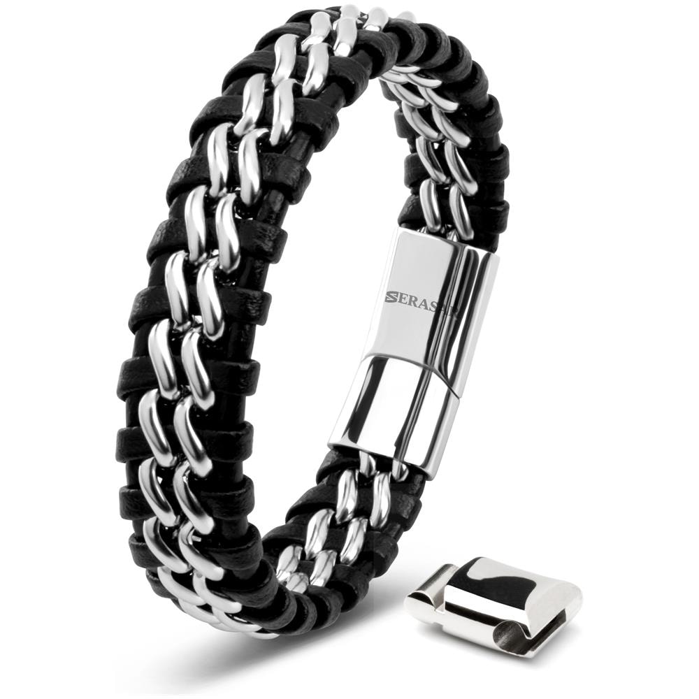 Bracciale in Pelle per Uomo, ""Steel"", 23cm, Argento - Foto 1
