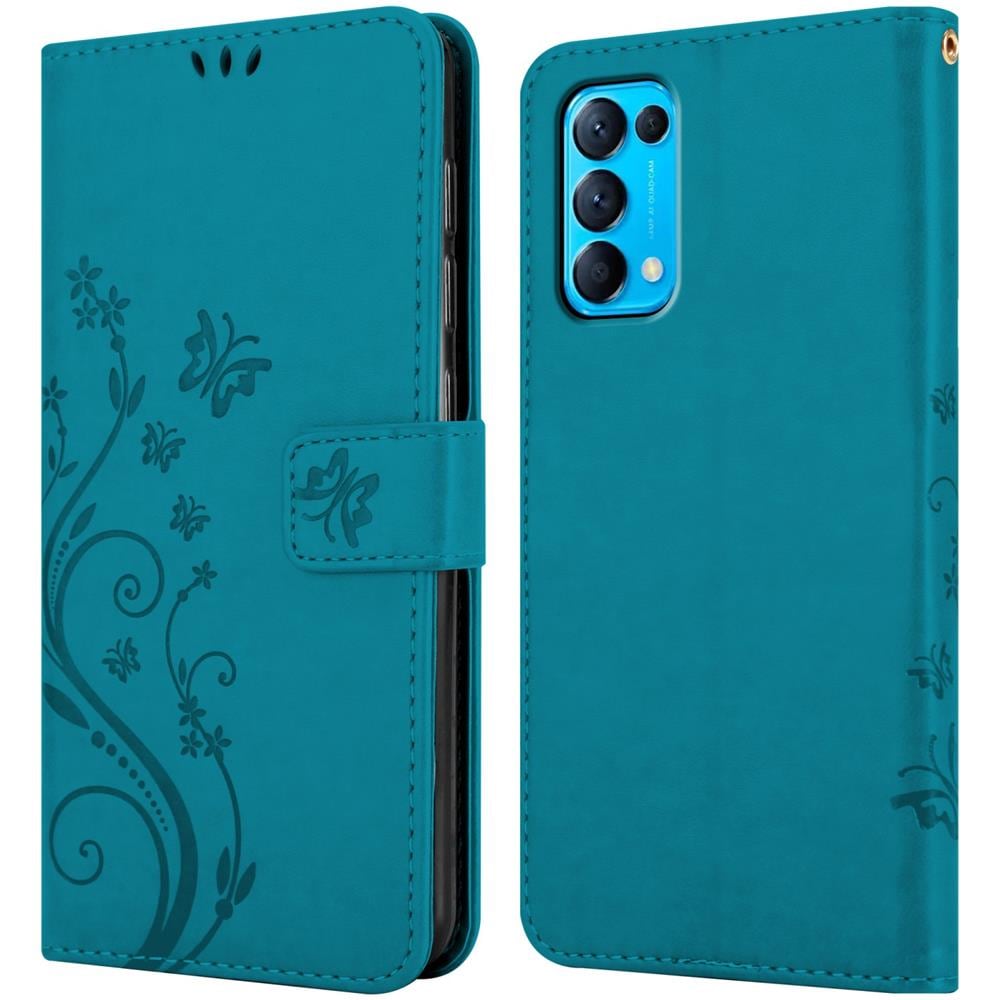 Custodia Compatibile Con Oppo Find X3 Lite In Blu Fiore - Coperchio Protettivo In Design Floreale Con Chiusura Magnetica, Funzione Stand E Slot Per Carte - Foto 7