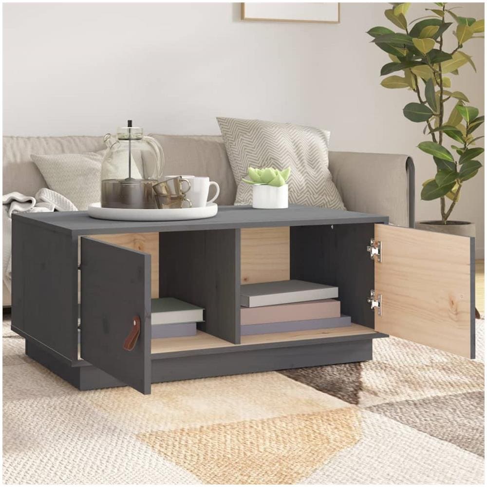 Tavolino Da Salotto Grigio 80x50x35cm In Legno Massello Di Pino - Foto 3