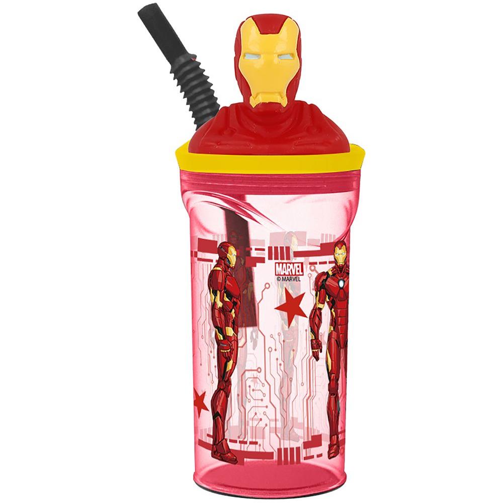 Bicchiere Rosso Per Bambini In Plastica Avengers Iron Man 360 Ml Con Cannuccia E Figura 3d Del Personaggio - Foto 1