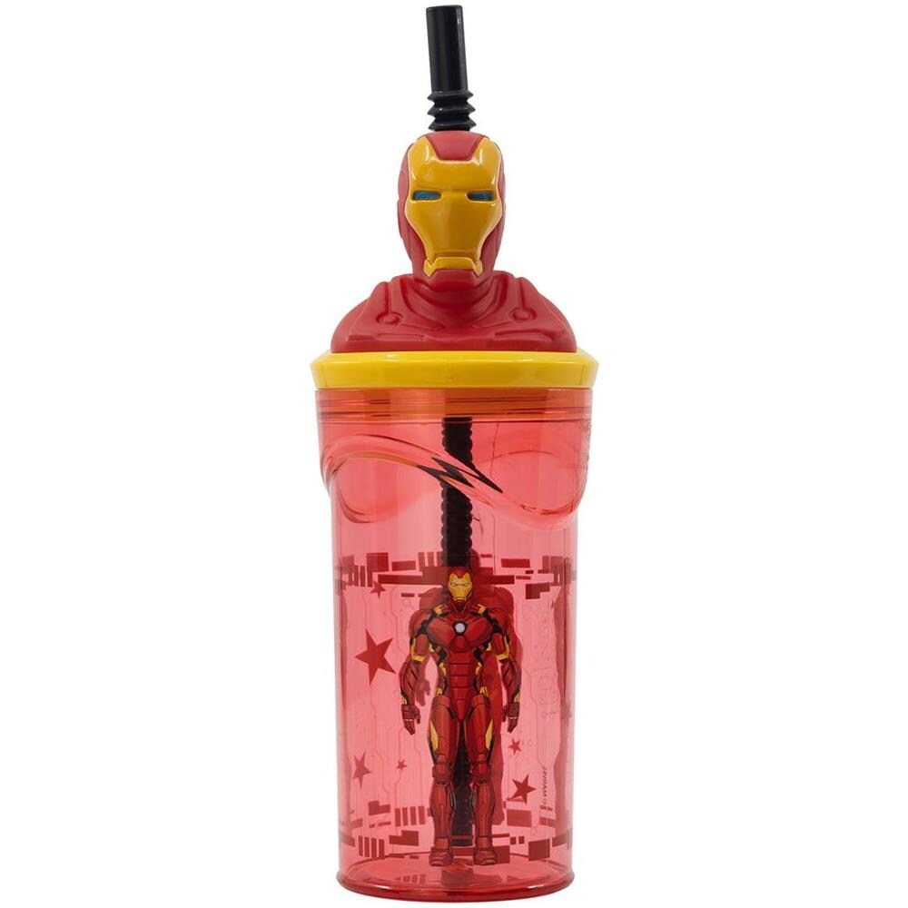 Bicchiere Rosso Per Bambini In Plastica Avengers Iron Man 360 Ml Con Cannuccia E Figura 3d Del Personaggio - Foto 2