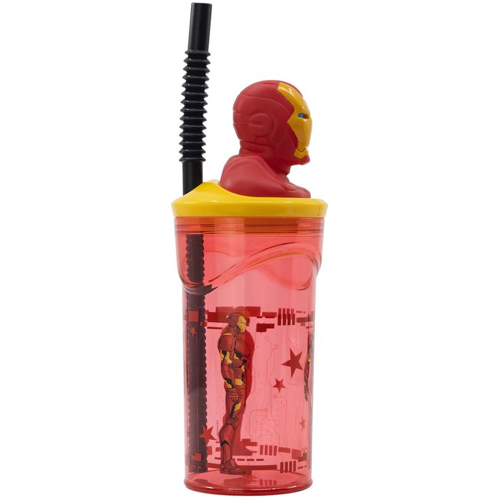 Bicchiere Rosso Per Bambini In Plastica Avengers Iron Man 360 Ml Con Cannuccia E Figura 3d Del Personaggio - Foto 3