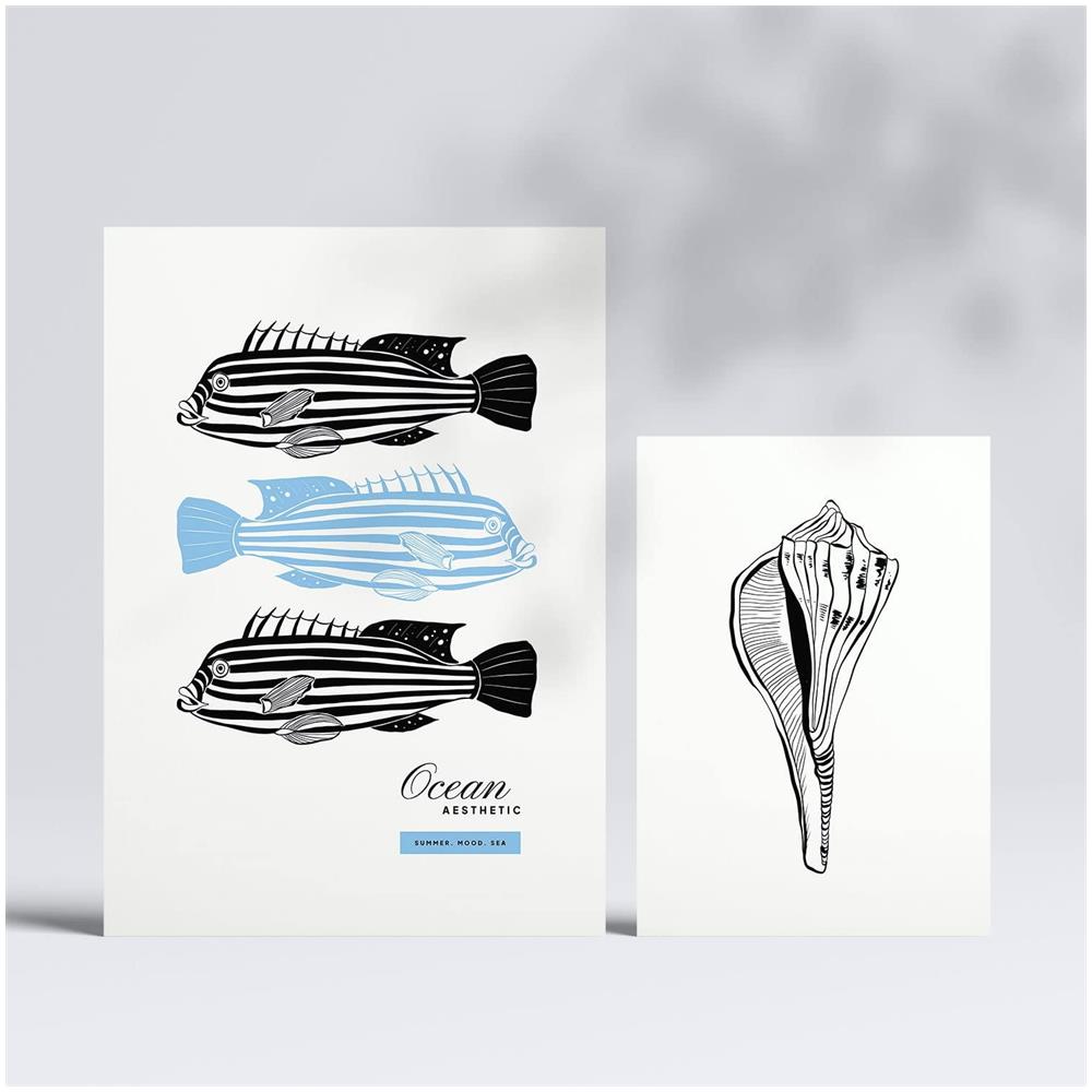 Set Di 6 Stampe Artistiche Di Creature Marine In Inchiostro Nero Di Mare E Oceano Per L'Interior Design A3 E A4 Senza Cornice - Foto 2