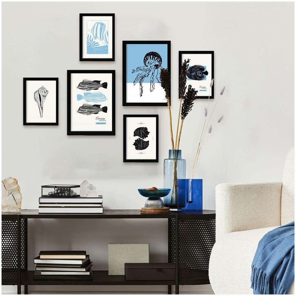 Set Di 6 Stampe Artistiche Di Creature Marine In Inchiostro Nero Di Mare E Oceano Per L'Interior Design A3 E A4 Senza Cornice - Foto 5