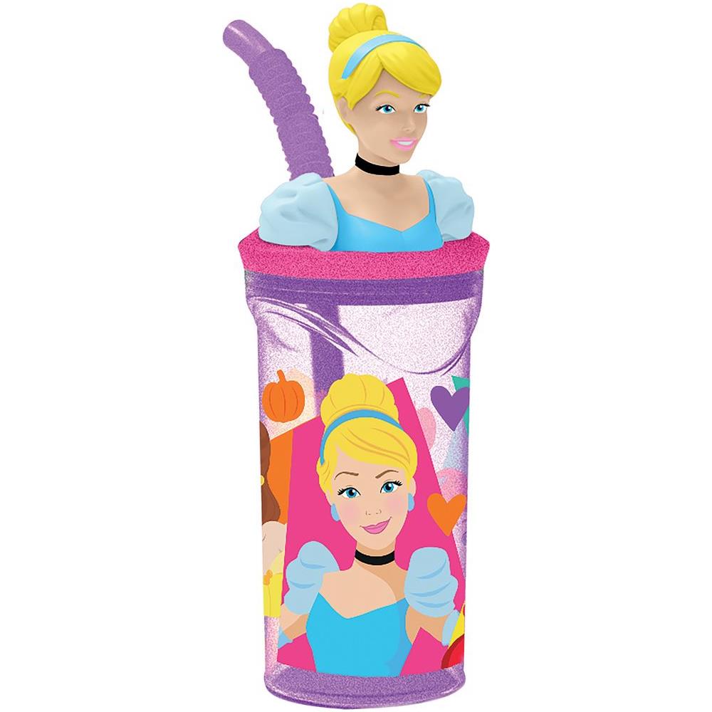 Disney Bicchiere Viola Per Bambine In Plastica Principesse Cenerentola Rapunzel Belle Ariel Bella Addormentata 360 Ml Con Cannuccia E Figura 3d Del Personaggio - Foto 1
