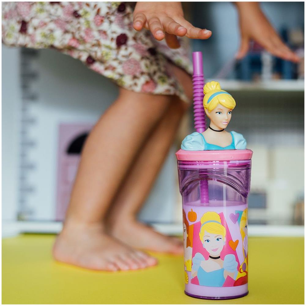 Disney Bicchiere Viola Per Bambine In Plastica Principesse Cenerentola Rapunzel Belle Ariel Bella Addormentata 360 Ml Con Cannuccia E Figura 3d Del Personaggio - Foto 2
