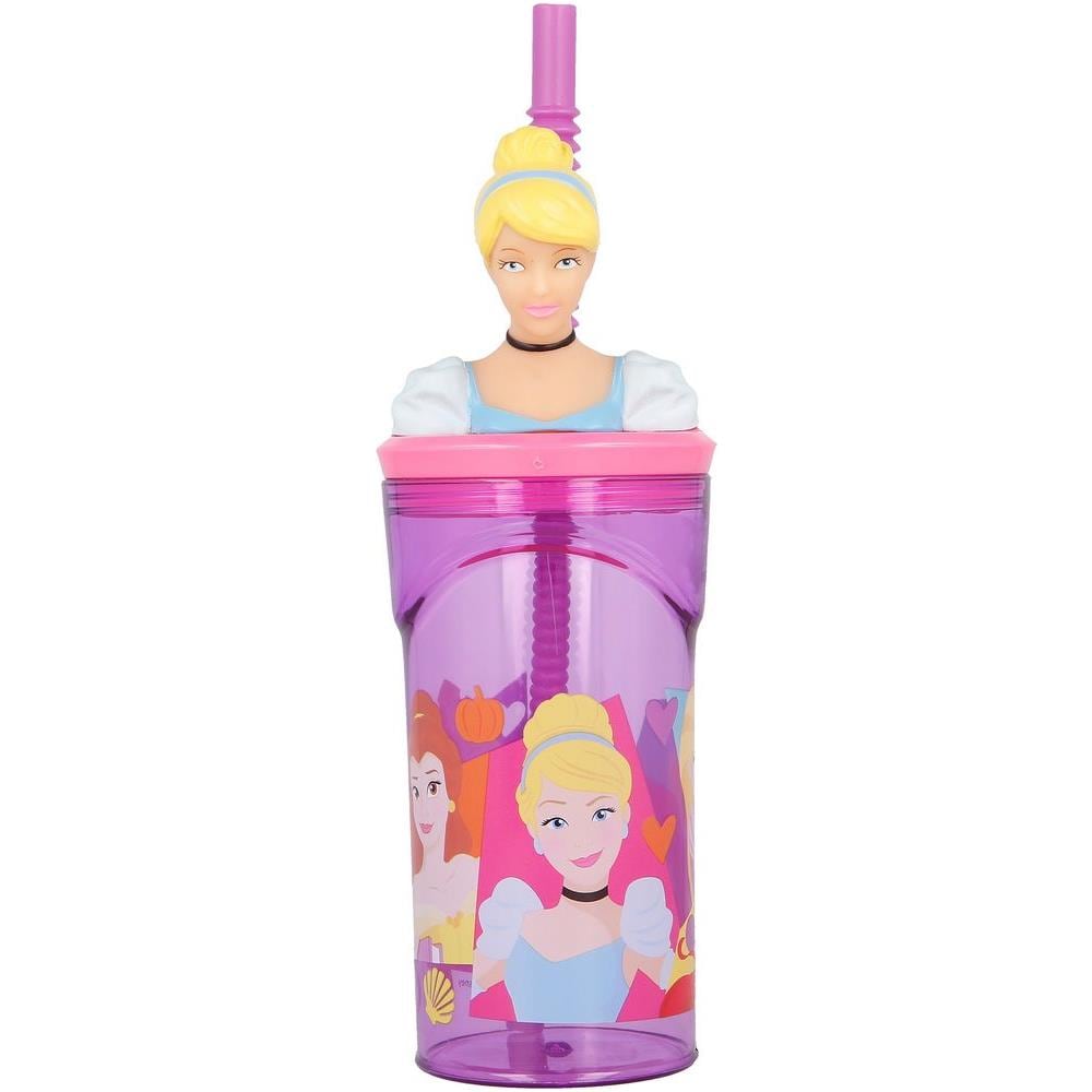 Disney Bicchiere Viola Per Bambine In Plastica Principesse Cenerentola Rapunzel Belle Ariel Bella Addormentata 360 Ml Con Cannuccia E Figura 3d Del Personaggio - Foto 3