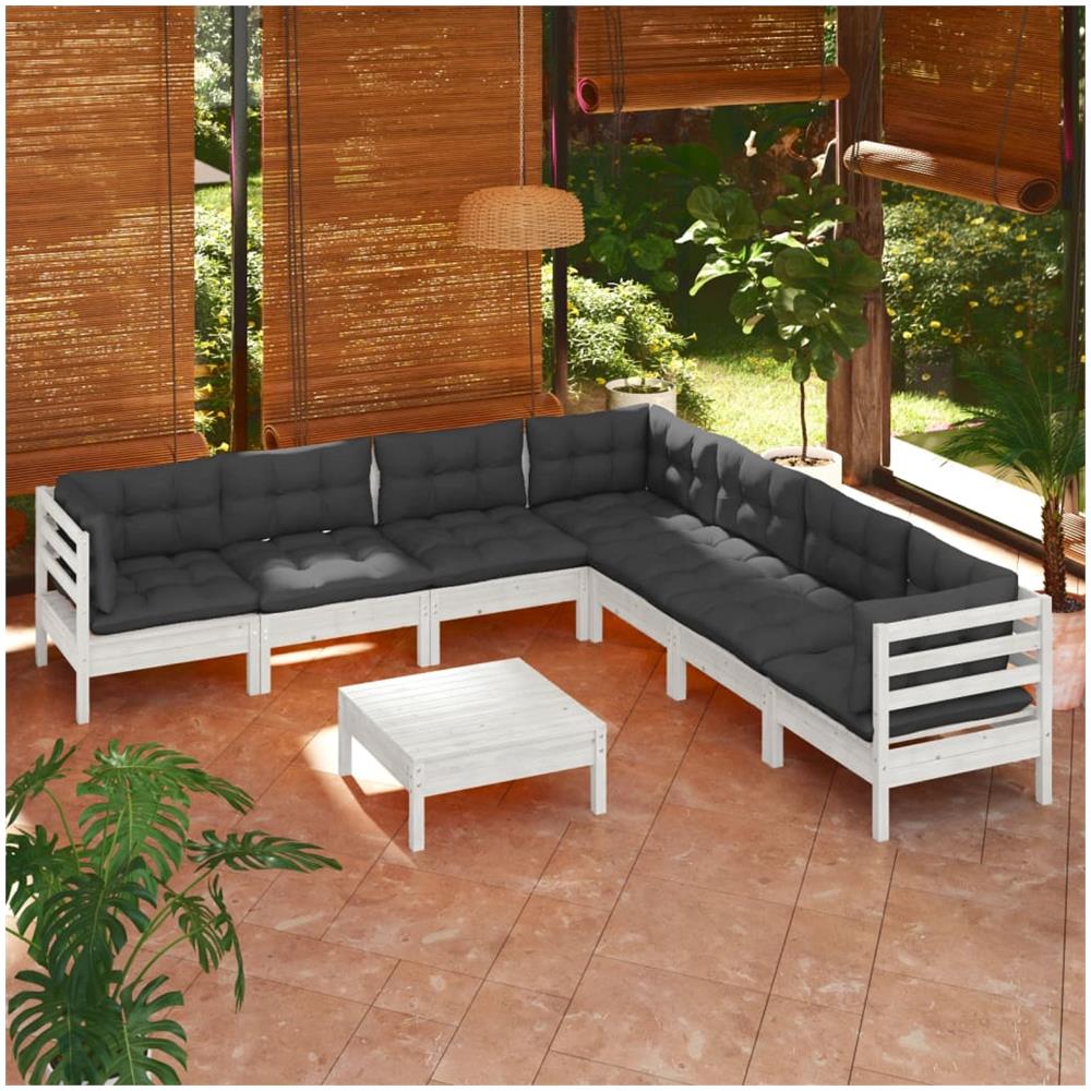 Set Divani Da Giardino 8 Pz Con Cuscini Bianchi Legno Di Pino - Foto 1