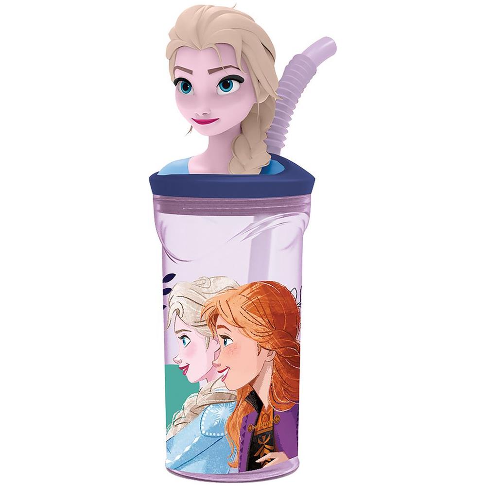 Disney Bicchiere Blu Per Bambine In Plastica Frozen Elsa E Anna 360 Ml Con Cannuccia E Figura 3d Del Personaggio - Foto 1