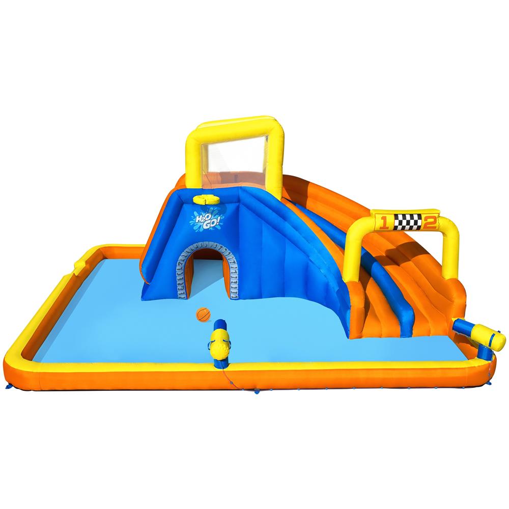 Piscina megaparco acquatico mis. 551x502x265 cm, scivolo d'acqua, cannone spara acqua, tunnel, parete per arrampicarsi, include soffiatore d'aria, picchetti di ancoraggio, borsa per il trasporto - Foto 2