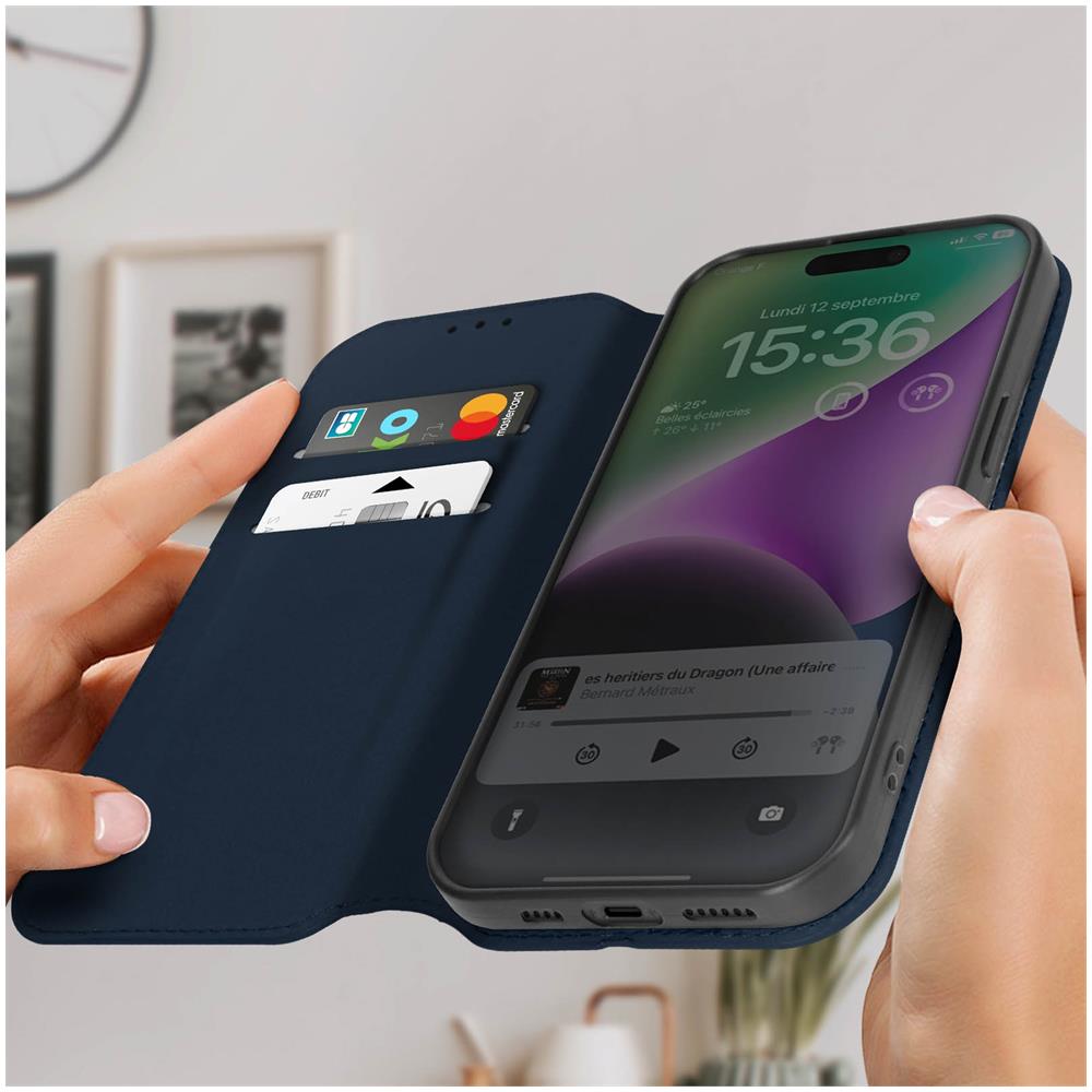 Custodia Per Iphone 15 Pro Portafoglio Funzione Supporto Video Blu - Foto 5