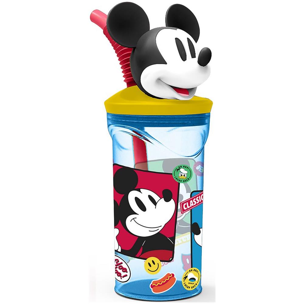Disney Bicchiere Azzurro Per Bambini In Plastica Mickey Mouse Topolino 360 Ml Con Cannuccia E Figura 3d Del Personaggio - Foto 1