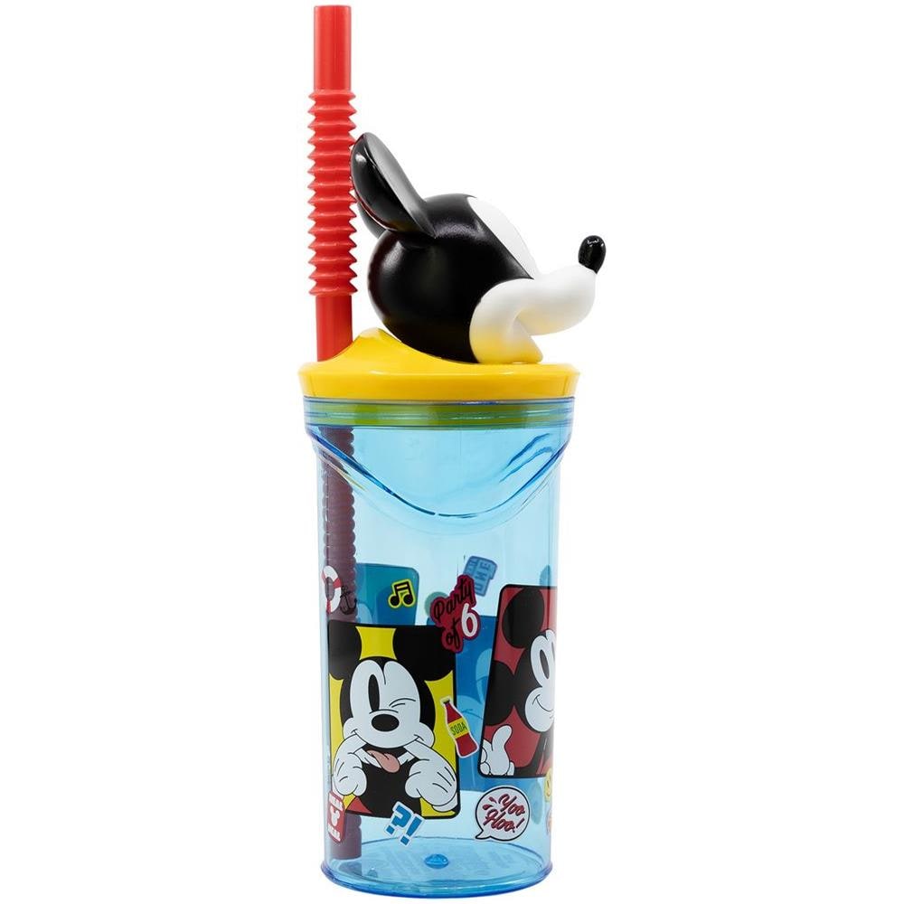 Disney Bicchiere Azzurro Per Bambini In Plastica Mickey Mouse Topolino 360 Ml Con Cannuccia E Figura 3d Del Personaggio - Foto 2