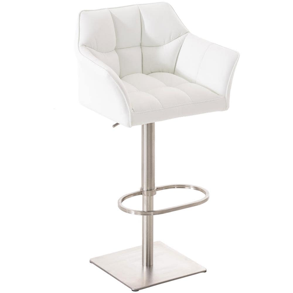 Sgabello Alto Regolabile Damaso in Similpelle I Sgabello Bancone con Braccioli E Schienale Imbottiti E Poggiapiedi, H 58-83 CM Bianco Acciaio Inox - Foto 1