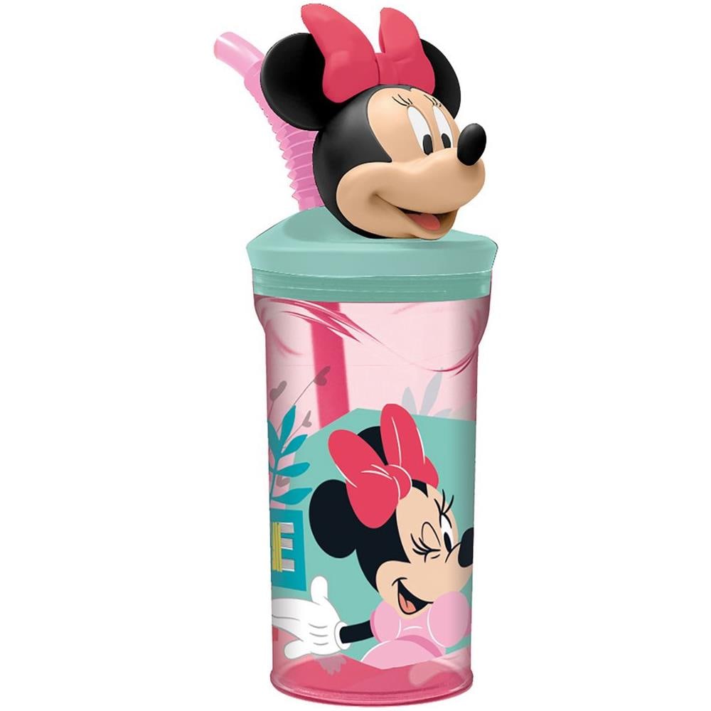 Disney Bicchiere Rosa Per Bambine In Plastica Minnie 360 Ml Con Cannuccia E Figura 3d Del Personaggio - Foto 1