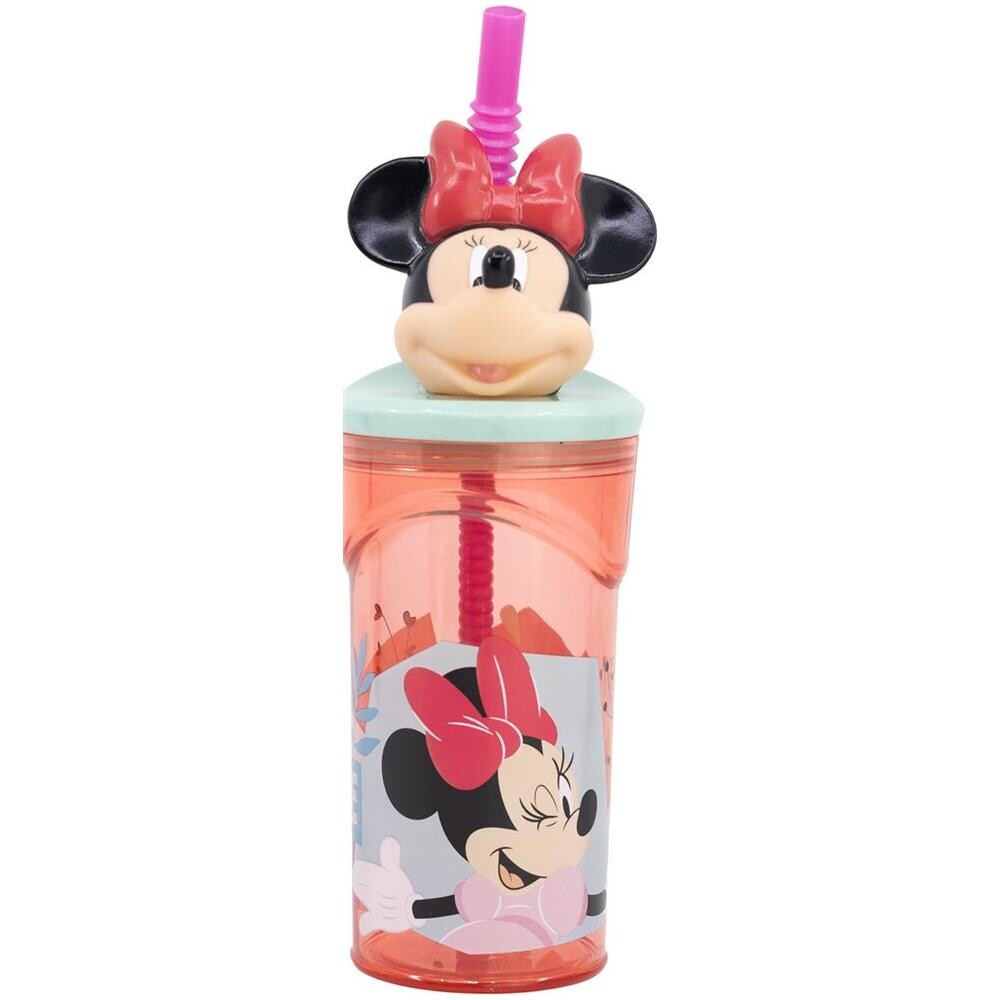Disney Bicchiere Rosa Per Bambine In Plastica Minnie 360 Ml Con Cannuccia E Figura 3d Del Personaggio - Foto 2