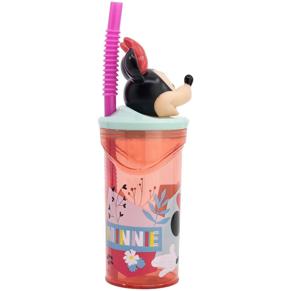 Disney Bicchiere Rosa Per Bambine In Plastica Minnie 360 Ml Con Cannuccia E Figura 3d Del Personaggio - Foto 3